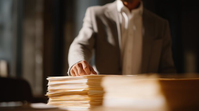 Securities fraud investigator spreading printed financial transaction records across government agency conference table, manila folders labeled with case numbers stacked high, serious expression as 