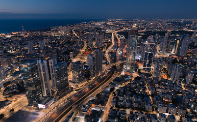 Obraz premium Tel Aviv Illuminated Coastline Night Aerial Panorama