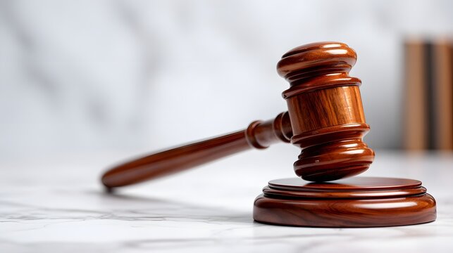Close-up view of a polished mahogany judges gavel on a marble table