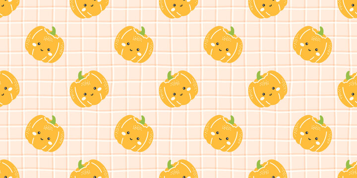 Cute halloween pattern with harvest textile and fall kawaii pumpkin. Autumn seamless graphic whimsical leaves and vector artwork. Girly print patch through boho fabric and farm hand.