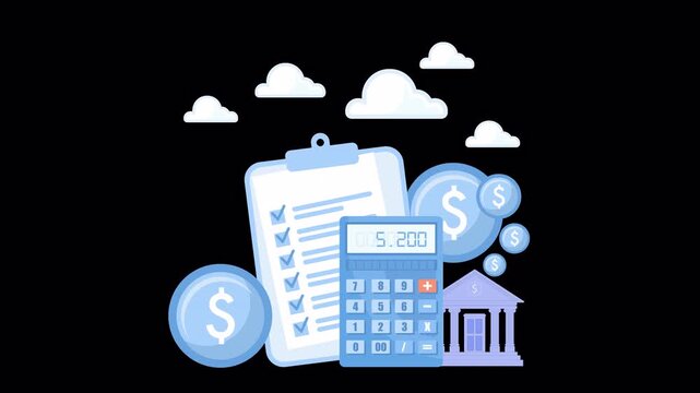 Animated flat design concept of banking savings growth with floating coins and clipboard financial calculation
