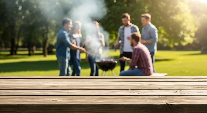 Friends gather around a smoky grill outdoors in a sunlit park