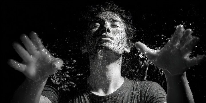 Man splashing water from hands in black-and-white photo.