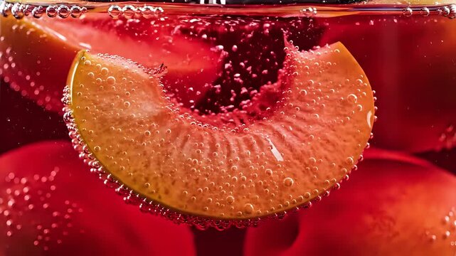 Closeup of a juicy plum slice submerged in sparkling red liquid.
