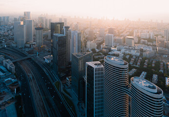Obraz premium Tel Aviv Aerial Daytime Skyscrapers Highway Close Up View