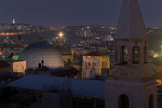 Jerusalem Dome of the Rock and church at night close-up HDR