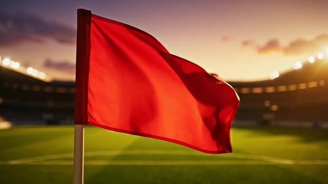 Red corner flag waving at empty stadium during golden hour sunset, sports arena background, red flag soccer stadium
