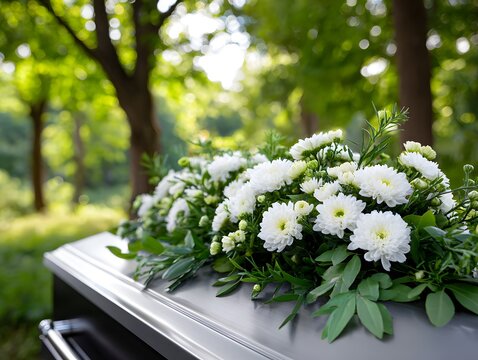 Flowers are placed on a stainless steel casket at an outdoor graveside setup