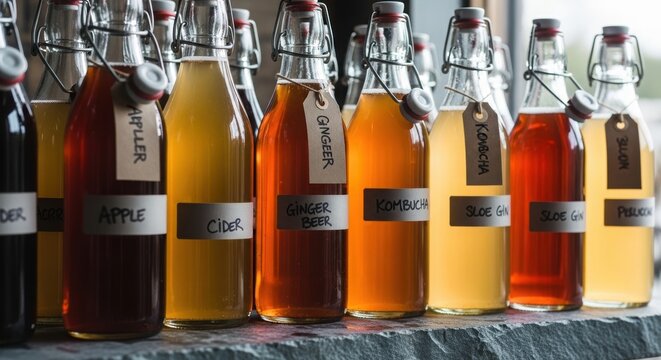 Rows of glass bottles filled with colorful fermented drinks and craft beverages. Assortment of apple cider, ginger beer, and kombucha with paper labels on bar counter. Artisan brewery.