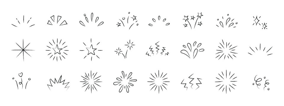 Hand-drawn sparkle and star doodle set. Vector collection of black line art bursts, fireworks, and decorative elements on white background for celebratory designs and cute accents.