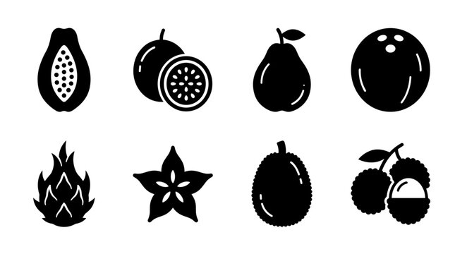 Tropical Fruit Icons Set: Papaya Passion Fruit Guava Coconut Dragon Fruit