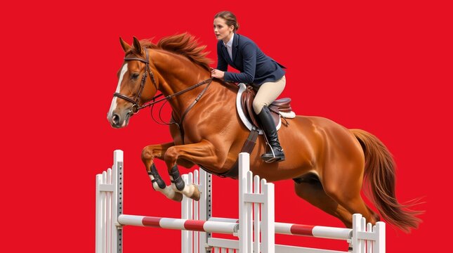 Female equestrian jumping over a fence on a chestnut horse. Woman in show jumping competition isolated on red background
