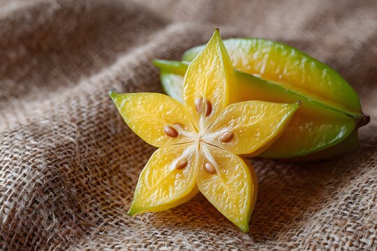 Cut carambola shows translucent pulp chambers and seeds on burlap