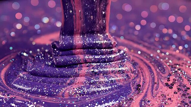 Closeup of Glitter Slime Pouring and Swirling with Bokeh Lights.