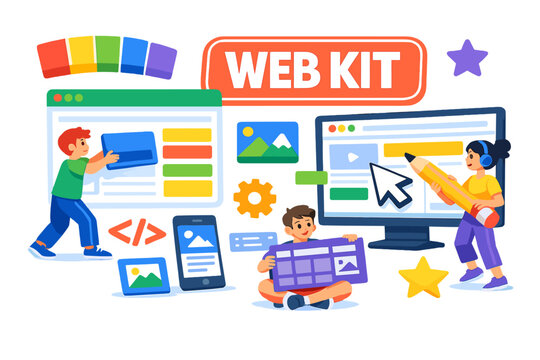 Creative Web Design Tools dynamic web design workspace with two stylized human characters arranging an oversized browser window and giant color palette, one