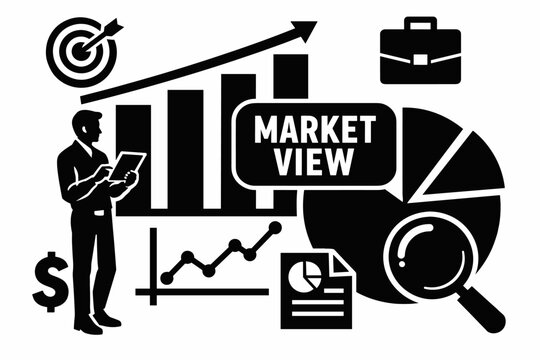 Market Insight Dashboard. Solid filled black banner composition of market analysis and business strategy, one analyst with tablet beside oversized bar chart