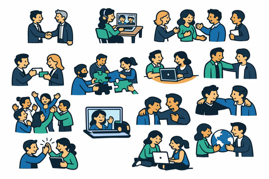Network People collection of small digital illustrations across full canvas, varied scale, complete readable scenes of people networking, greeting, video