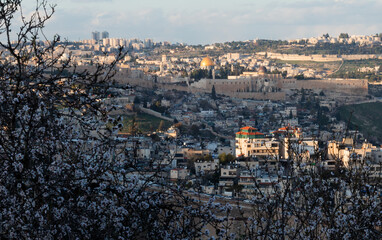 Obraz premium Jerusalem, Israel - Old City walls and Dome of the Rock in spring