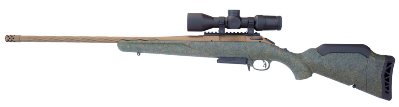 Bolt action rifle with a high powered scope and colorful stock