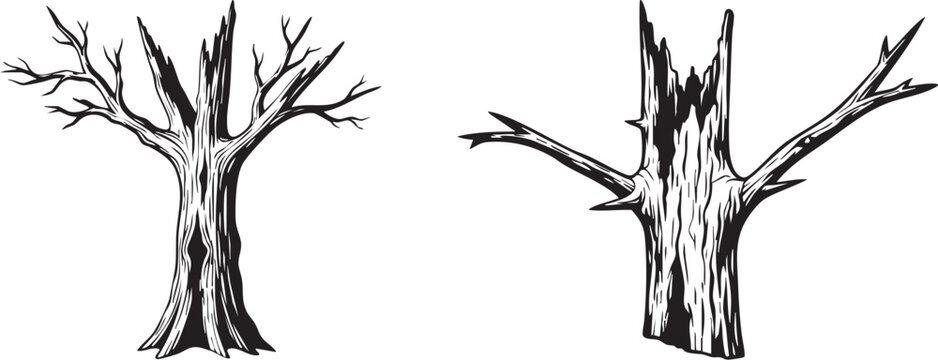 Dead tree illustrations showing dry wood textures and broken branches depicted in a simple black and white vector style isolated on a plain white background