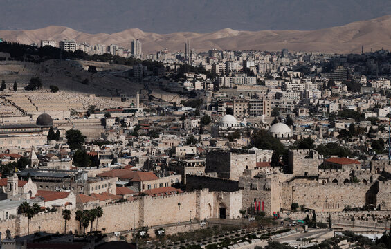 Jerusalem panorama with Mount Hermon snow-covered in distance