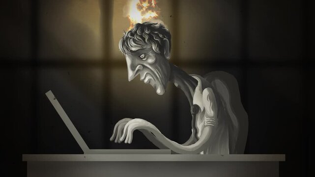 sad office worker experiencing burnout with flames emerging from head while working at computer