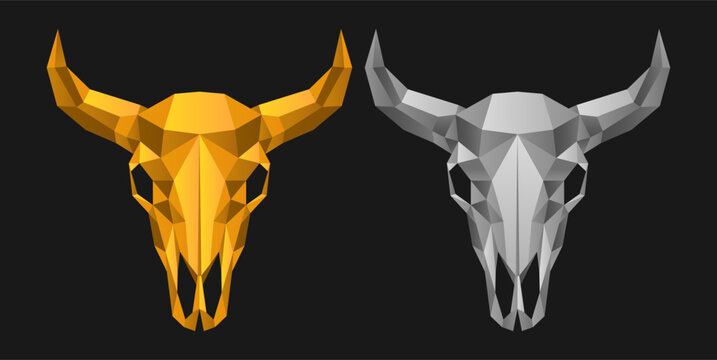 Wild West style bull skull engraved, chiseled metal medal design horns vector low polygon cow head style, Metal 3D geometric vector design.