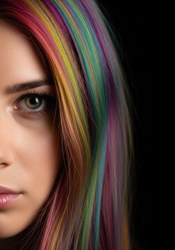 Primo piano ravvicinato con chiome multicolore brillanti e occhi magnetici. Sguardo penetrante, luci soffuse e dettagli artistici vividi, eyes, expression, bright