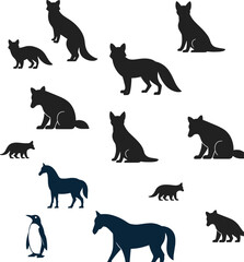 Obraz premium Animal silhouette set featuring fox poses horse and penguin wildlife vector collection isolated on white background