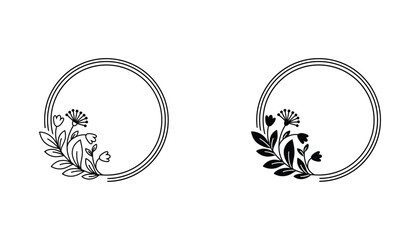 Circular floral frame badge set with delicate leaf and branch accents in outline and solid black vector style for wedding stationery and logo design elements isolated on white background graphics © TARU STOCKPLC