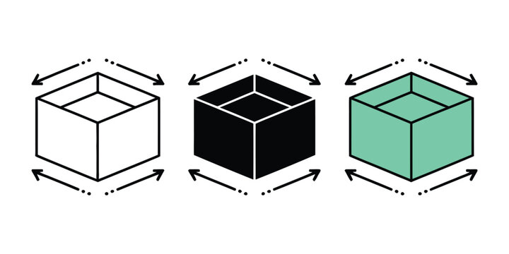 3D box dimensions icon, isometric package measurement vector with arrows showing size, volume, and scaling for shipping, logistics, product packaging, and warehouse design concepts