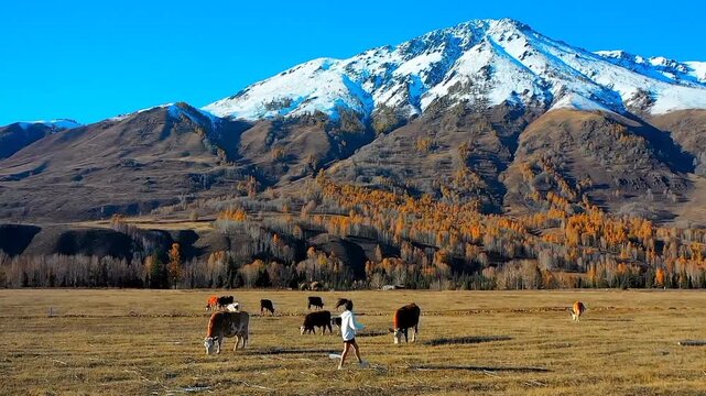 Person herding cows in a field with snow capped mountains