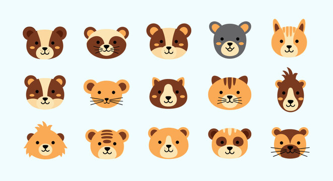 Cartoon animal faces in row.