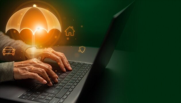 Digital Insurance Concept with Hands Typing on Laptop, Umbrella, Car, House Icons, Copy Space Right