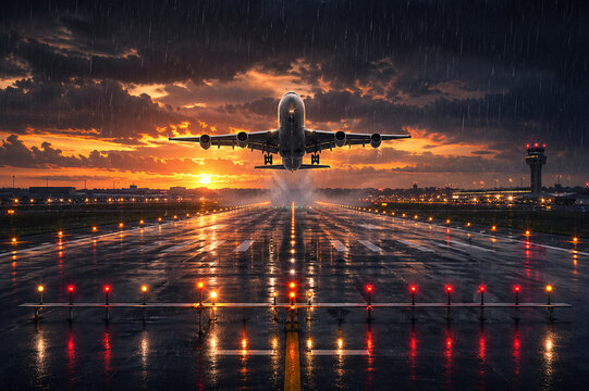 High resolution illustration of a four engine commercial passenger aircraft taking off from a wet reflective runway during rain at sunset. Dramatic lighting, illuminated runway lights, and stormy atmo