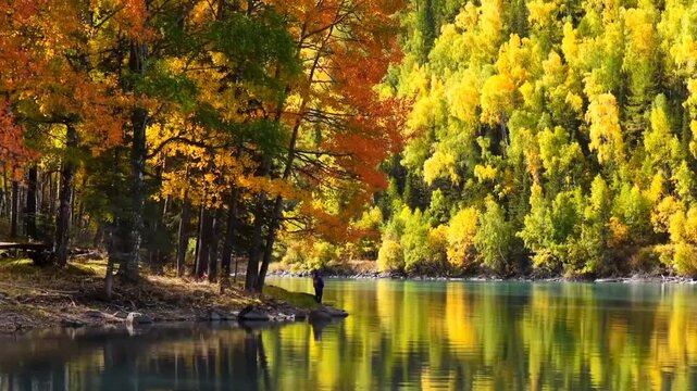 Autumn forest landscape with colorful trees by a serene lake