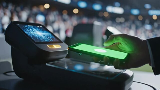 Contactless mobile payment via qr code scanner at modern pos terminal for secure digital transaction