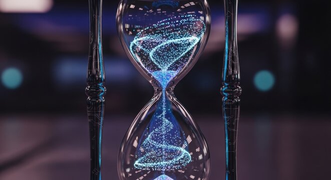 Glowing blue hourglass with sparkling particles and blurred dark background.