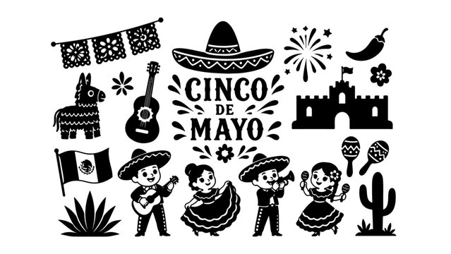 Cinco de Mayo Cartoon Characters Silhouette Set,PNG transparent background 