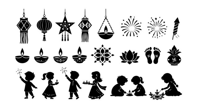 Diwali Festival Silhouette Icons Collection PNG transparent background 