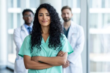 Fototapeta premium Female nurse with arms crossed leading medical team in hospital corridor