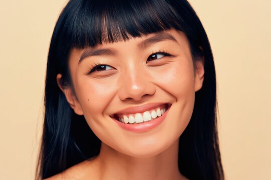 Portrait of smiling asian woman looking off camera with beige