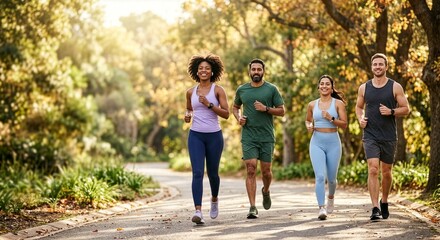 Obraz premium Diverse Group of Friends Jogging Outdoors in Park at Golden Hour, Healthy Active Lifestyle Fitness Concept