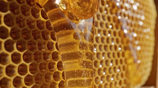 This shows a close-up of honeycomb cells filled with golden honey in a beehive, highlighting the intricate texture and structure of the cells and the flow of honey.