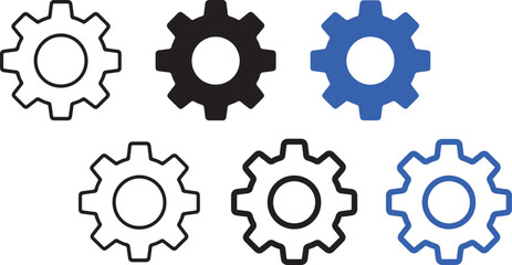Fototapeta premium Gear Cog Icon Set – Settings and Engineering Mechanism Vector Collection in Outline, Solid and Blue Styles
