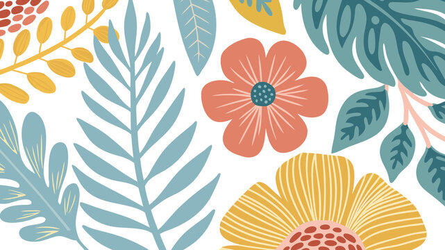 Colorful floral pattern featuring various leaves and flowers with bright colors on a white background