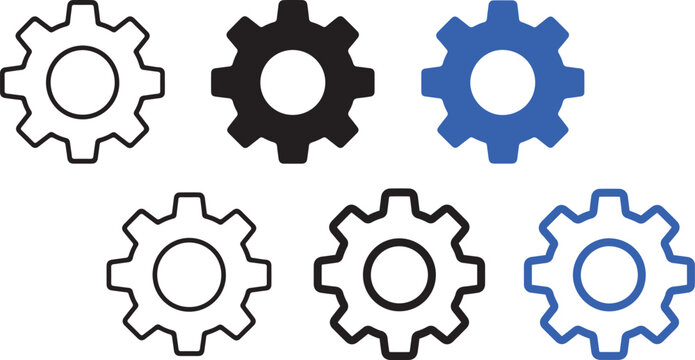 Gear Cog Icon Set &ndash; Settings and Engineering Mechanism Vector Collection in Outline, Solid and Blue Styles