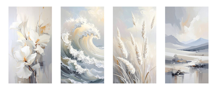 Serene quadriptych of magnolia, ocean wave, pampas grass and misty mountains in soft neutral tones.