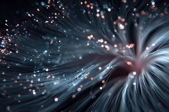 Abstract fiber optic strands glowing in dark