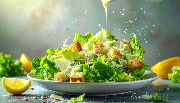 Fresh Caesar Salad with Dressing Being Poured.